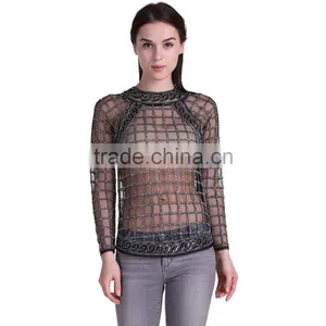 Domin Fashion Wholesale Beading Design Ladies Tops Images thumbnail-3