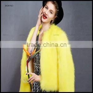 2015 High Fashion Young Ladies Short Styles Yellow Coats Faux Fox Fur Coat for Winter Stylish Overcoat thumbnail-6