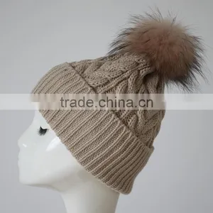 Myfur Knitted Beanie Slouchy Unisex Cap Baggy Skull Ski Keep Warm Hat With Fur Ball thumbnail-1