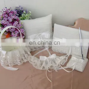 White Lace Decoration Guest Book /pen Holder/ring Pillow/flower Basket Set Wedding Favor thumbnail-1