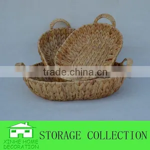 S/3 Oval Natural Handwoven Water Hyacinth Tray With Handles thumbnail-1