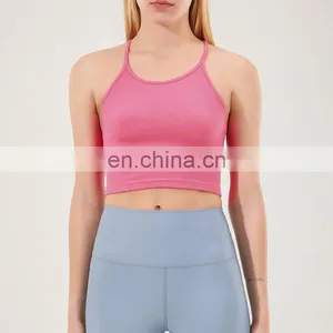 Breathable Lightweight Ribbed High Stretch Crop Top Sports Gym Yoga Bra Sexy Straps Women Fitness Training Athletic Wear Clothes thumbnail-4