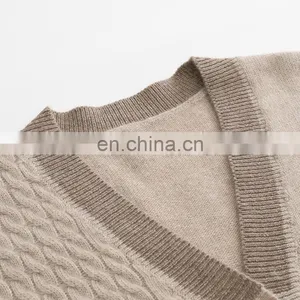 100% Cashmere V-Neck Sweaters Winter Casual Cable Knit and Plain Knit Design Solid Pattern With Button Decoration Front Logo thumbnail-3