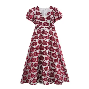 Women's Temperament Heavy Jacquard Pullover V-neck Bubble Sleeve Long Dress thumbnail-1