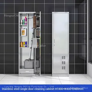 Space Saving Slim Single Door Cleaning Cabinet With Ventilation | 1800x420x390mm Metal Mop Storage for Narrow Spaces thumbnail-3
