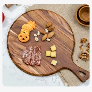 In Stock Multi-Function Round Acacia Wood Board Pizza Cutter Plate Steak Tray Thick Chopping Board With Handle for Baking thumbnail-4