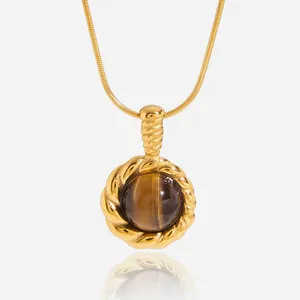 Custom 18K Gold Plated Stainless Steel Round Green Rhinestone Necklace - Fashion Jewelry thumbnail-3
