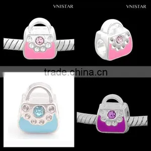 Vnisatr Silver Plated Pink&cyan&purple Enamel Handbag Shaped European Beads With Crystals PBD2505 thumbnail-1
