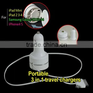 USB Car Charger Adapter + 3 in 1 Cable For Cellphone Samsung HTC thumbnail-1