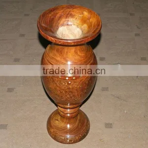 Wooden Hand Carved Large Flower Vase With Brass Work thumbnail-1