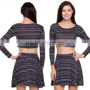 Ladies Long Sleeve Aztec Printed Crop Top and Skirt Set Outfit thumbnail-1