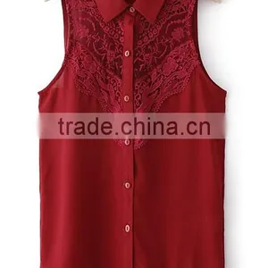 Sleeveless Lady Chiffon Blouse Tops Sexy Lace Blouse Tops for Woman thumbnail-1