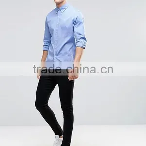 Guangzhou High Quality Custom Long Sleeve Spread Collar Mens 100% Cotton Poplin Casual Slim Fit Blue Solid Shirts thumbnail-4