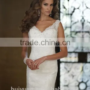 White off Shoulder Full Lace v Neck Closed Back Mermaid Bridal Wedding Dress thumbnail-3