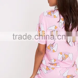 Custom Made Women Pyjama Set Pale Pink Unicorn Short PJ Set Digital Print Full Print Pajama Set thumbnail-2