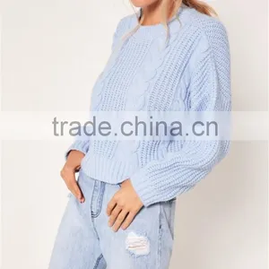 MGOO Women Plain Blue Cable Knit Slouchy Jumper With Drop Shouder Crop Knitwear Sweater thumbnail-3