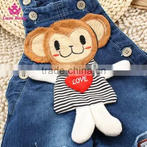 Cute Monkey With Heart Pattern Baby Denim Short Pants Overalls Kids Strap Jeans Pants thumbnail-2