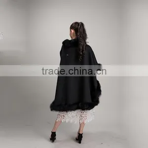 Myfur Fashion Style Women Black Color Cashmere Poncho With Fox Fur Trim Cape/Shawl thumbnail-4