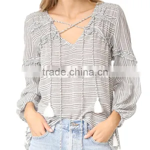 2017 OEM Femme Striped Gauze Tassel Girdle Holiday Blouses thumbnail-2
