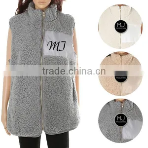 LOW MOQ Wholesale Women Winter Full Zipper Monogrammed Sherpa Vest With Patch thumbnail-2