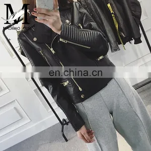 Wholesale Spring Female Long Sleeve Short Beaded Motorcycle Jacket Excelled Leather Jacket thumbnail-3