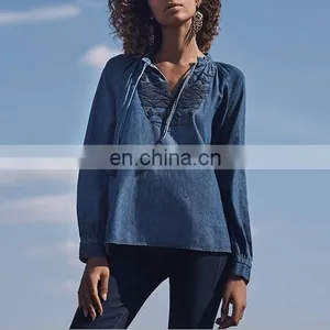 J0831 New Arrival Fashion Vintage Ethnic Embroidery Womens' Denim Shirt thumbnail-3