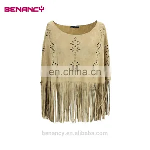 2017 Trendy Laser Cut Suede Kimono Poncho With Long Fringe thumbnail-1