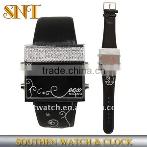Silicone LED Digital Watch, Leather Band, Diamond Brezel thumbnail-1