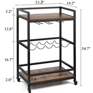 Bar Serving Cart Kitchen Storage Trolley on Wheels With Wine Rack Holder thumbnail-3