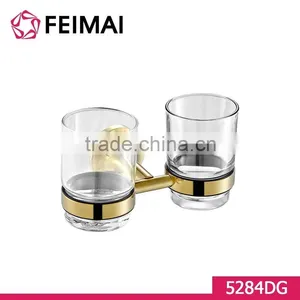 Simple Design Brass Gold Finished Double Tooth Brush Glass Holder thumbnail-3