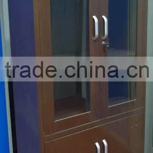 Steel Book Cabinet With Glass Doors and Wood Surface Display Cupboard thumbnail-1