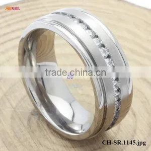 Wholesale CZ Jewelry 8mm Step Edge Titanium Ring With Blue CZ Inlaid thumbnail-2