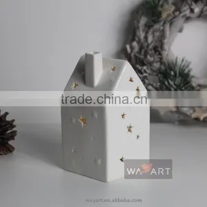 Christmas Candle Holder Star Pierced Ceramic House With Chimney thumbnail-1