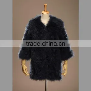 Soft Simple Elegant Dark Blue Turkey Fur Coat thumbnail-1
