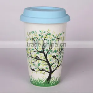Popular Double Wall Ceramic Coffee Mug With Silicon Lid thumbnail-1