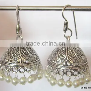 Silver Tone Jhumka Pearl Bollywood Dangler EARRINGS thumbnail-1