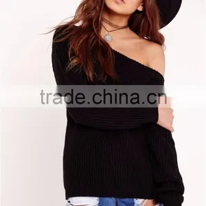 MGOO Plain Black Off Shoulder Knitted Jumper Oversized Long Sleeve Knitwear Loose Sweater With Own Label thumbnail-3