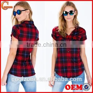 Adorable Dolled up Short Sleeve Plaid Shirts Latest Shirt Designs for Women thumbnail-1