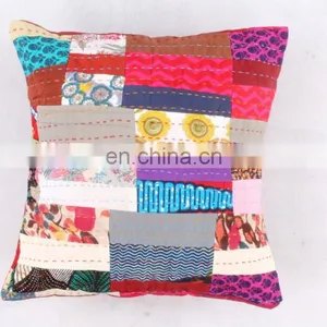 Indian Cotton Handmade Kantha Cushion Cover Kantha Throw Pillow Cover Hand Quilted Decorative Cushion Cover Art thumbnail-1
