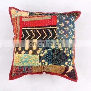 Indian Cotton Handmade Multi Colour Floral Kantha Cushion Cover Kantha Throw Pillow Cover Hand Stitched Kantha Cushion Cover thumbnail-1