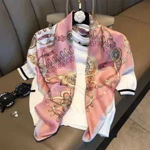 Pink Silk Oil Painting Satin Feels Soft Flowers Scarves Foreign Style High Quality 90*90CM thumbnail-1
