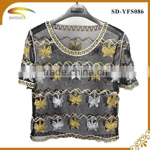 Fashion High Quality Semi Sexy Short Sleeve Embroidery Floral Lace Crochet Blouse thumbnail-1