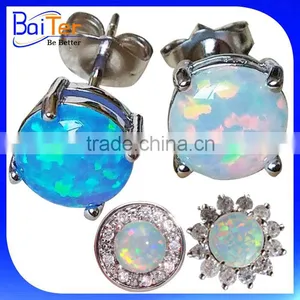 Man Made Synthetic Birthstone Opal Earring Stud Jewelry S925 Fire Opal Body Jewelry/925 Sterling Silver Round Opal Stud Earring thumbnail-1