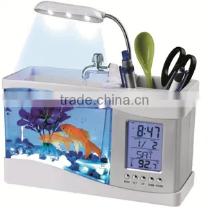 Mini Fish Tank USB Aquarium With LED Lamp Clock Business Gift Pen Holder thumbnail-1