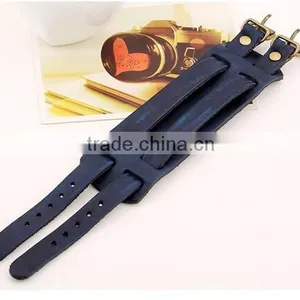 Top Quality Men's Biker Simple Stainless Steel Black Leather Bracelet thumbnail-2