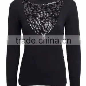 Turtle Neck Fine Knitted Leather Application Winter Blouse for Women Turkish Knitwear Manufacturer in Turkey Made in Turkey thumbnail-1