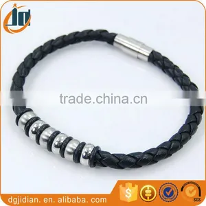 Fashion Rose Gold Bracelet and Black Leather Stainless Steel Bangle thumbnail-2