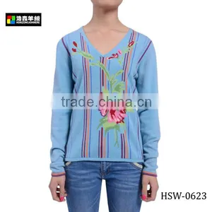 V-Neck Intarsia Wool Cashmere Blended Knitwear, Ladies Goutam Blue Knitwear thumbnail-1