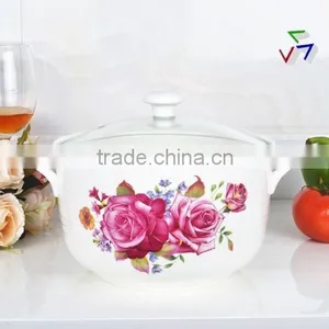 8"Porcelain Microwave Oven Round Pot With Glass Lid thumbnail-1