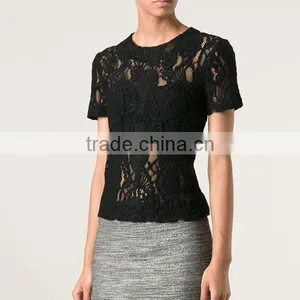 Ladies Formal/office Wear Elegant Transparent Short Sleeve Sexy Black Lace Blouse thumbnail-3